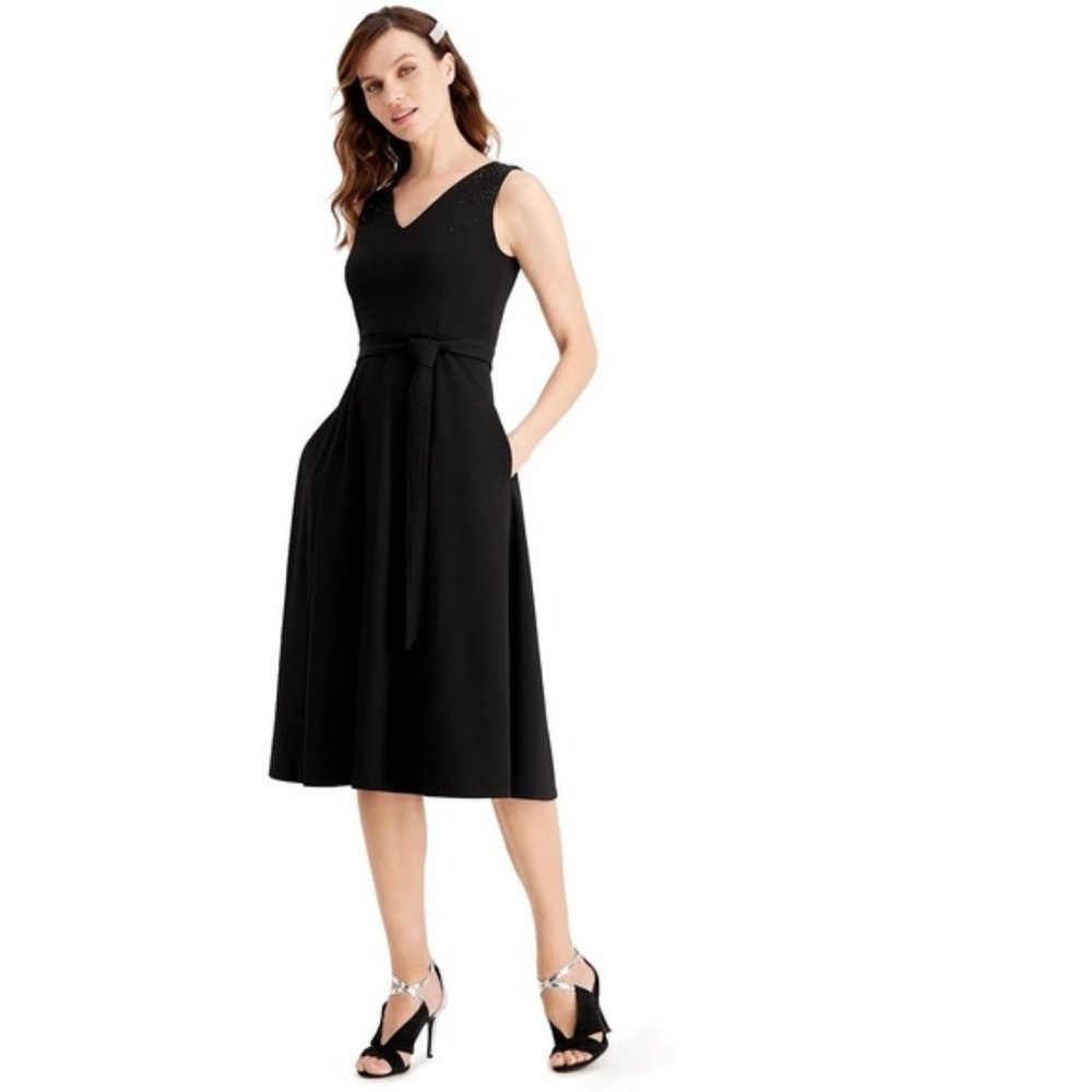 Calvin Klein Black V-Neck Sleeveless A-Line Midi Dress